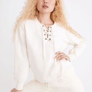 MADEWELL Women’s Large Cotton-Hemp Lace-Up Slouchy Oversized Sweatshirt Ecru